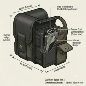 A double molle handcuff case pouch designed to hold two pairs of chain or hinged restraints simultaneously for law enforcement personnel.