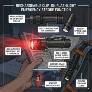 A compact clip on flashlight with a flashing red safety strobe mode for roadside emergencies.