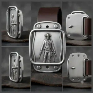 Three-sided view illustration of a polished steel gunslinger belt buckle.