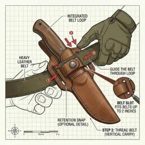Step-by-step on how to wear knives with belt sheath, illustrating proper belt loop attachment and vertical carry position.