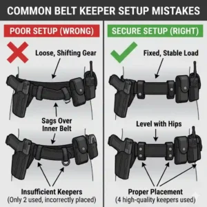 Visual example of a loose gear setup contrast with a properly secured belt using high-quality belt keepers.