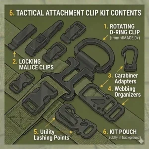 A close-up view showing a user installing various utility pouches using clip molle fasteners to a tactical plate carrier.