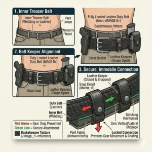 A step-by-step instructional graphic showing how to secure a tactical leather duty belt to an inner belt using keepers.