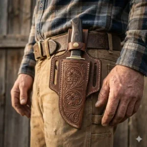 A rugged leather cowboy knife sheath securely worn on a leather belt during outdoor work.