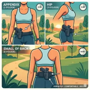 Graphic showing various ways to wear a running holster including appendix, hip, and small of back.