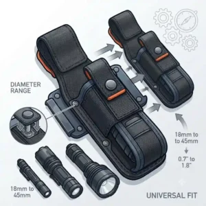 Exploded view illustration showing a universal flashlight holder adjusting to fit different torch diameters.