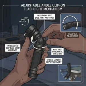 An illustration demonstrating the 360-degree rotating head of an adjustable clip on flashlight.