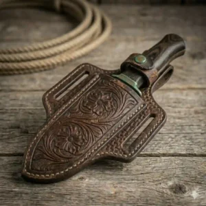 Antique-finished distressed brown leather cowboy knife sheath with a classic brass snap retaining strap.