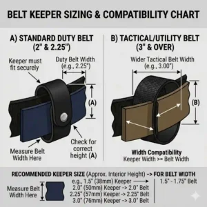 Dimension chart illustration showing how standard belt keepers fit different utility and duty belt widths.