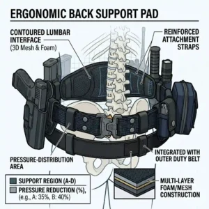 Illustration of an ergonomic lumbar support cushion pad attached to the inside of a police officer cop duty belt.