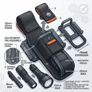 Blueprint illustration showing the individual components and dimensions of a 3D-printed flashlight holder.