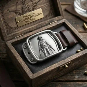 A premium gunslinger belt buckle presented inside a rustic wooden gift box.