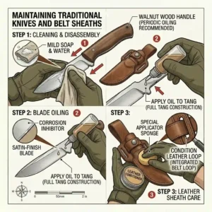 Cleaning and maintaining traditional knives with belt sheath, illustrating blade oiling and leather care.