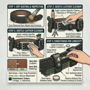 A maintenance guide showing how to clean and apply conditioner to preserve the longevity of a full-grain leather duty belt.