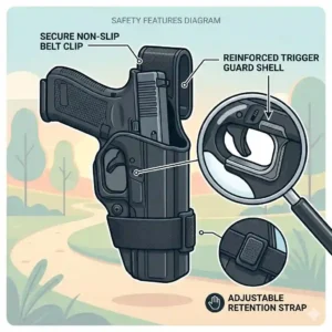 Technical illustration of the reinforced trigger guard and retention strap on a tactical running holster.
