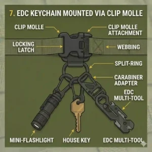 An illustration comparing and categorizing common types of hardware for clip molle systems, including malice clips and grimlocs.