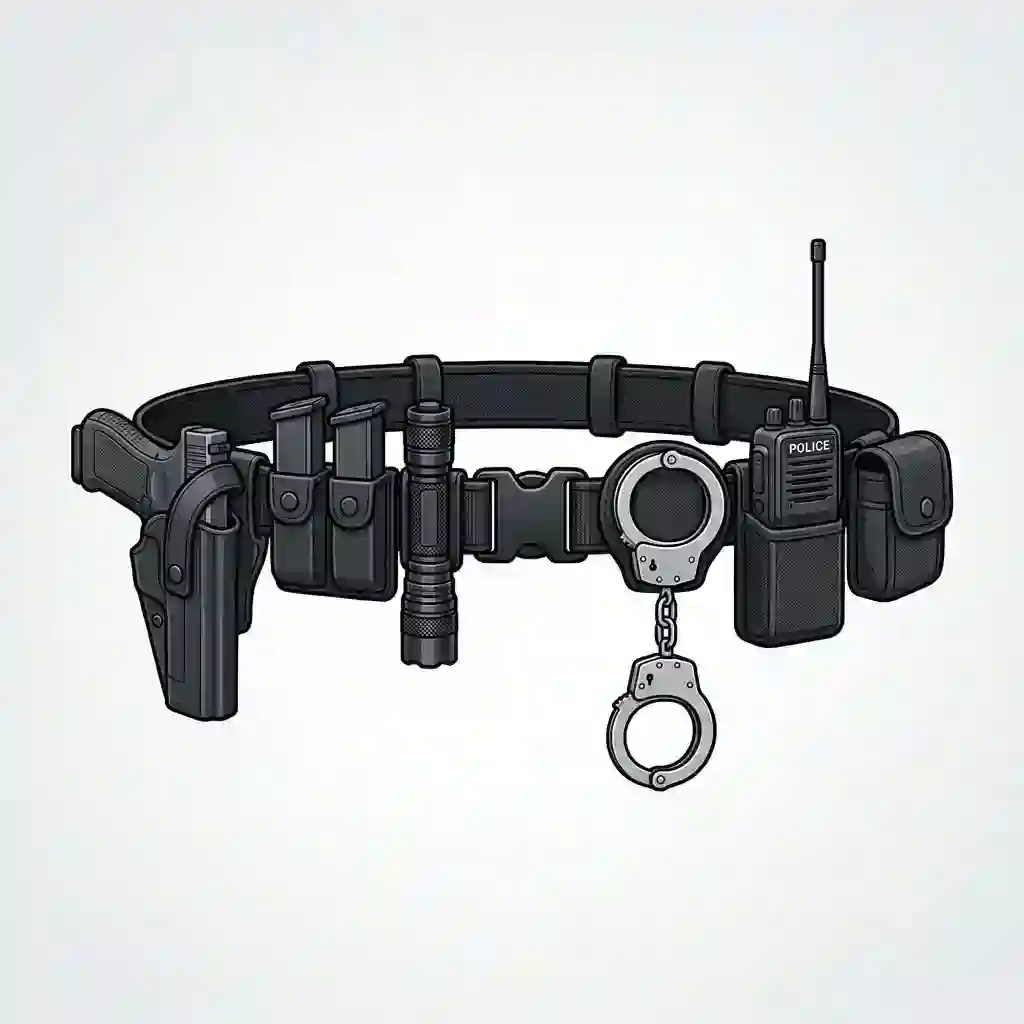 A complete police officer duty belt accessories layout on a professional background.