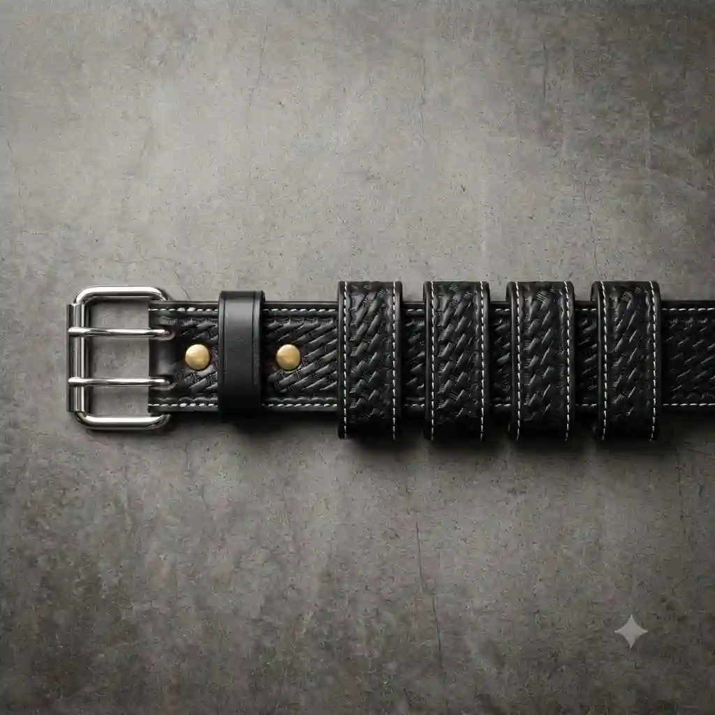 Premium leather police duty belt in a classic black basketweave finish, displayed flat to show durable stitching and hardware.