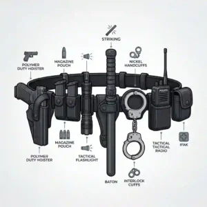 An illustrative diagram explaining how duty belt accessories like keepers secure tactical gear.