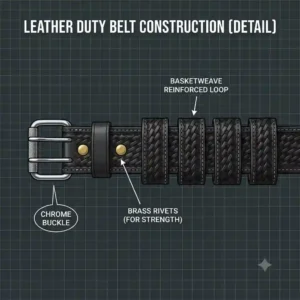 An anatomical illustration showcasing the inner reinforcing layers and full-grain leather construction of a law enforcement duty belt.