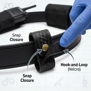 Close-up view of a secure double-snap belt keeper mechanism.