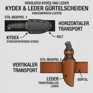 Infographic displaying a comparison between modern Kydex and traditional leather knife sheaths for belts options.