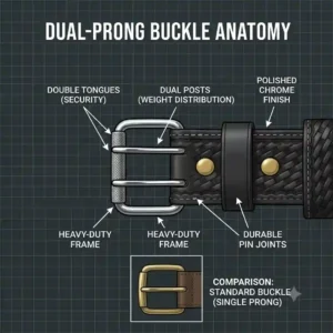 Visual comparison of different buckle styles available for a black leather police duty belt, highlighting standard prongs and security release mechanisms.