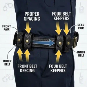 A diagram demonstrating correct belt keeper placement on a duty belt.