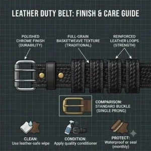 Tactical gear layout diagram on a leather police duty belt, showing the recommended placement for holsters, pouches, and belt keepers.