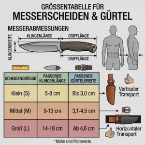 A practical size chart and measurement guide for selecting the correct knife sheaths for belts based on blade dimensions.