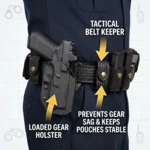 A belt keeper stabilizing heavy holster and mag pouches on a tactical belt.