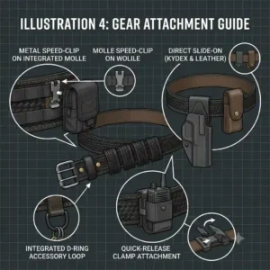Comparison guide illustrating plain, basketweave, and high-gloss finishes on a law enforcement officer's leather duty belt.