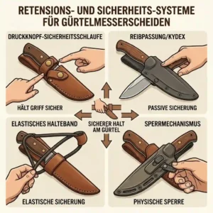 An illustration highlighting four distinct retention and security systems used in modern knife sheaths for belts.