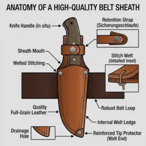 Anatomy diagram mapping out the component names and structural parts of high quality knife sheaths for belts