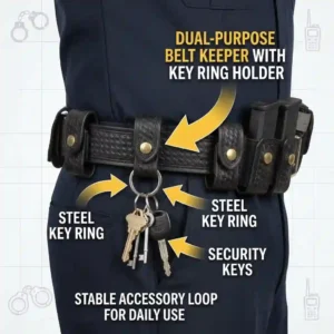 A specialized dual-purpose belt keeper with an integrated key ring.