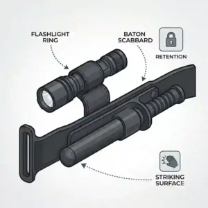 An illustration showcasing a flashlight and baton holder as part of a modular duty belt accessories setup.