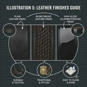 Instructional sizing chart and graphic illustrating how to correctly measure your waist size for a leather police duty belt.