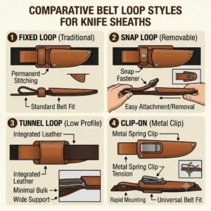 Comparative chart showcasing different belt loop attachments including fixed, snap, tunnel, and clip on styles for knife sheaths for belts.