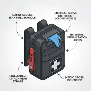 Diagram of a medical IFAK pouch used for carrying trauma supplies on duty belt accessories.