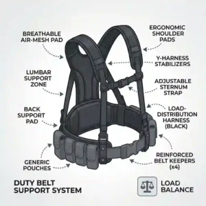 Illustration of an ergonomic back support harness system for managing heavy duty belt accessories.