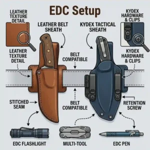 A clean everyday carry graphic layout featuring custom leather and tactical Kydex knife sheaths for belts alongside essential EDC gear.